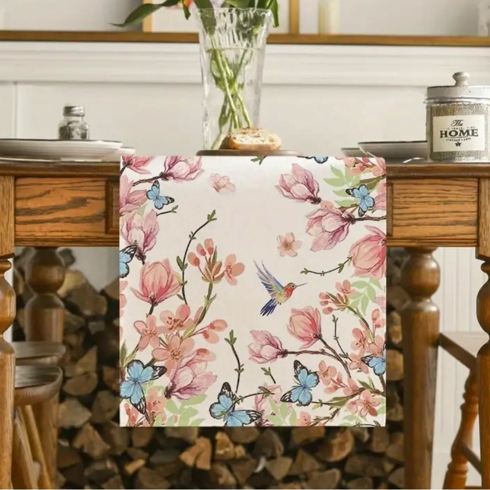 New 13x72 Spring Summer Pink Floral Table Runner W/ Hummingbirds & Butterfly - Picture 4 of 4